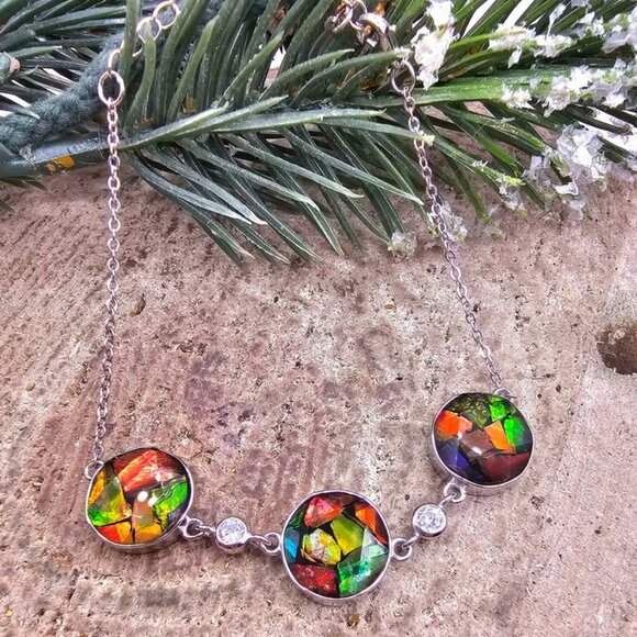 Nature Rainbow Flashy Ammolite Inlay 925 Bracelet - Picture 6 of 9